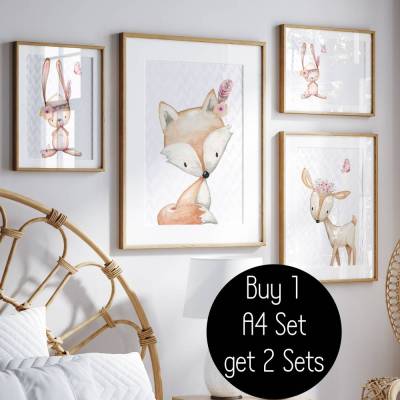 2 für 1 Angebot - Kinderzimmer Deko Poster Set Mädchen Waldtiere rosa (18)
