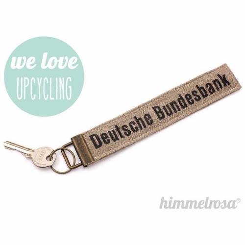 Schlüsselanhänger aus vintage Geldsack – Unikat Schlüsselband aus Jute – Geschenk für Banker & Upcycling-Fans