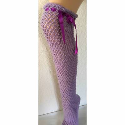 Overknees Strümpfe mit Lochmuster/Netzmuster, gestrickt, Handarbeit, sexy, Damen, Socken,Größe 39/40, Kniestrümpfe, Lila,Gr.39/40,gestrickte Socken
