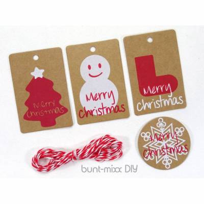 12 Geschenkanhänger mit Twine 3m, X-Mas Weihnachten, Geschenke verpacken, Geschenk Anhänger rund, eckig, merry christmas