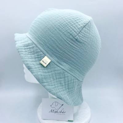 ​Sonnenhut Baby aus Musselin – KU 46–49 cm (9-12 Monate) – Sommermütze mit Nackenschutz – handgemacht