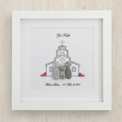 Personalisiertes Steinbild Taufe mit Engel & Kirche – Unikat als Taufgeschenk | STB-29