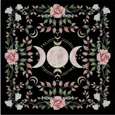 Schwarzes Altartuch mit Rosen und Mondphasen, 75 × 75 cm – Tarot- und Orakelunterlage