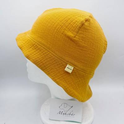 ​Sonnenhut Baby aus Musselin – KU 42–45 cm (6–9 Monate) – Sommermütze mit Nackenschutz – handgemacht