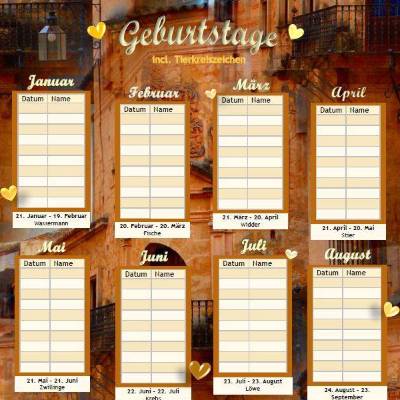 Geburtstage auf einen Blick mit Sternzeichen PDF – DIN A4 zum Ausdrucken