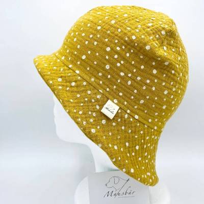 Sonnenhut Baby aus Musselin – KU 46–49 cm (9-12 Monate) – Sommermütze mit Nackenschutz – handgemacht