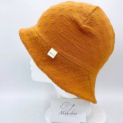 Sonnenhut Baby aus Musselin – KU 46–49 cm (9-12 Monate) – Sommermütze mit Nackenschutz – handgemacht