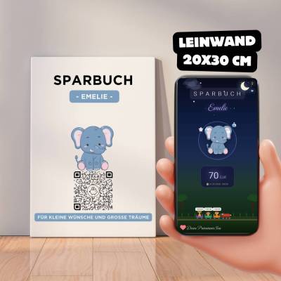 Digitales Sparbuch | Personalisiertes Geldgeschenk | QrCode Bild auf Leinwand 20x30cm | Motiv Elefant