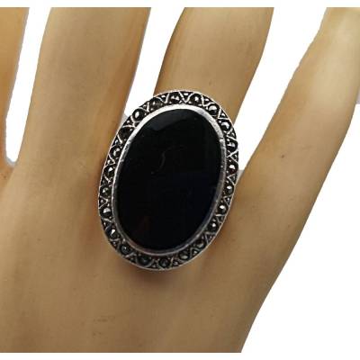 Gigantischer 925 Silber ART DECO Ring mit Onyx und Markasiten um 1925 RG 60