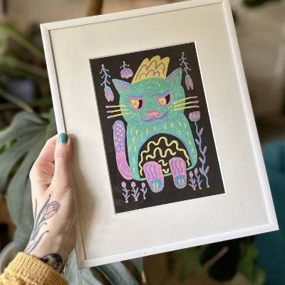 "Mystic Meow" Original Katzenzeichnung in Metalltönen - A5 Format