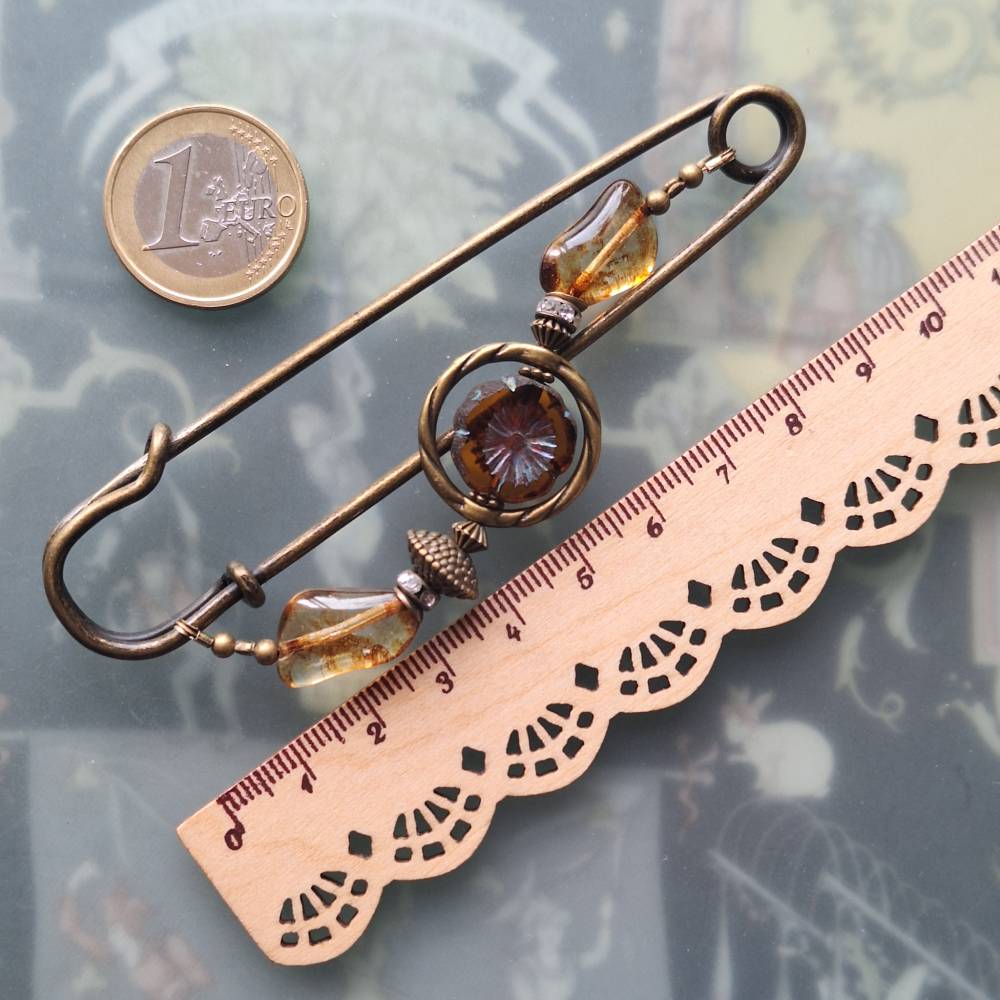 Tuchnadel Bernstein-Farben mit böhmischen Glasperlen, sehr große Bronze Schmucknadel Jugendstil N10-AB-5 Bild 3