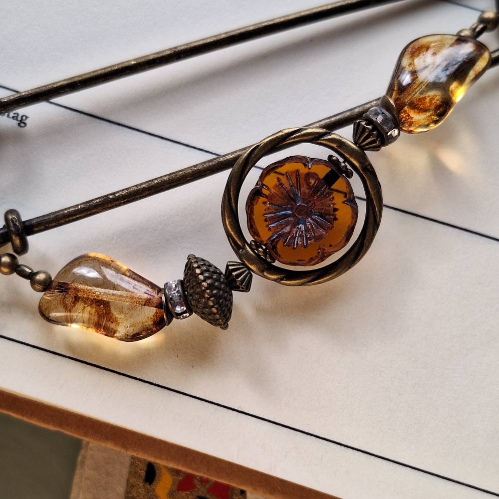 Tuchnadel Bernstein-Farben mit böhmischen Glasperlen, sehr große Bronze Schmucknadel Jugendstil N10-AB-5 Bild 5