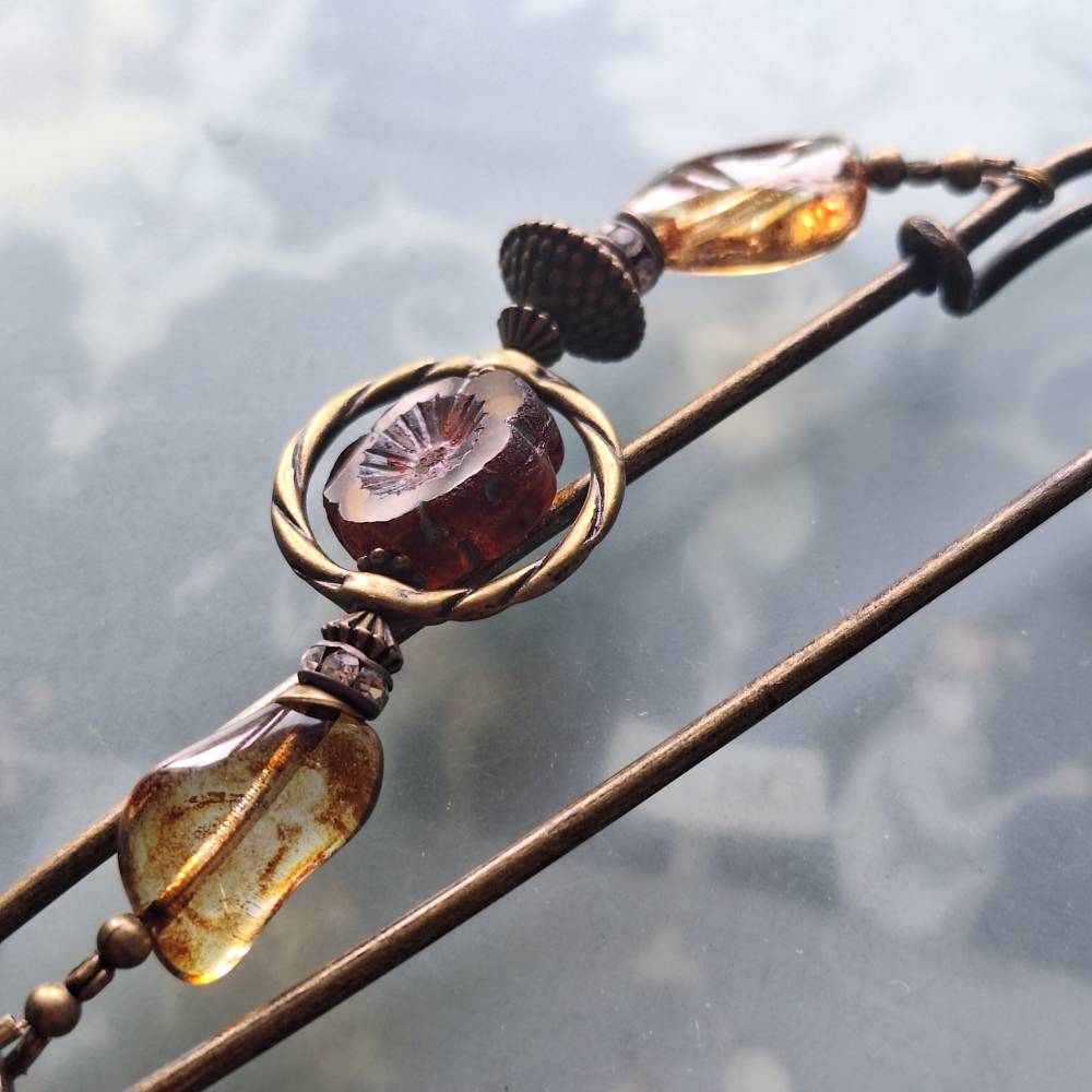 Tuchnadel Bernstein-Farben mit böhmischen Glasperlen, sehr große Bronze Schmucknadel Jugendstil N10-AB-5 Bild 6