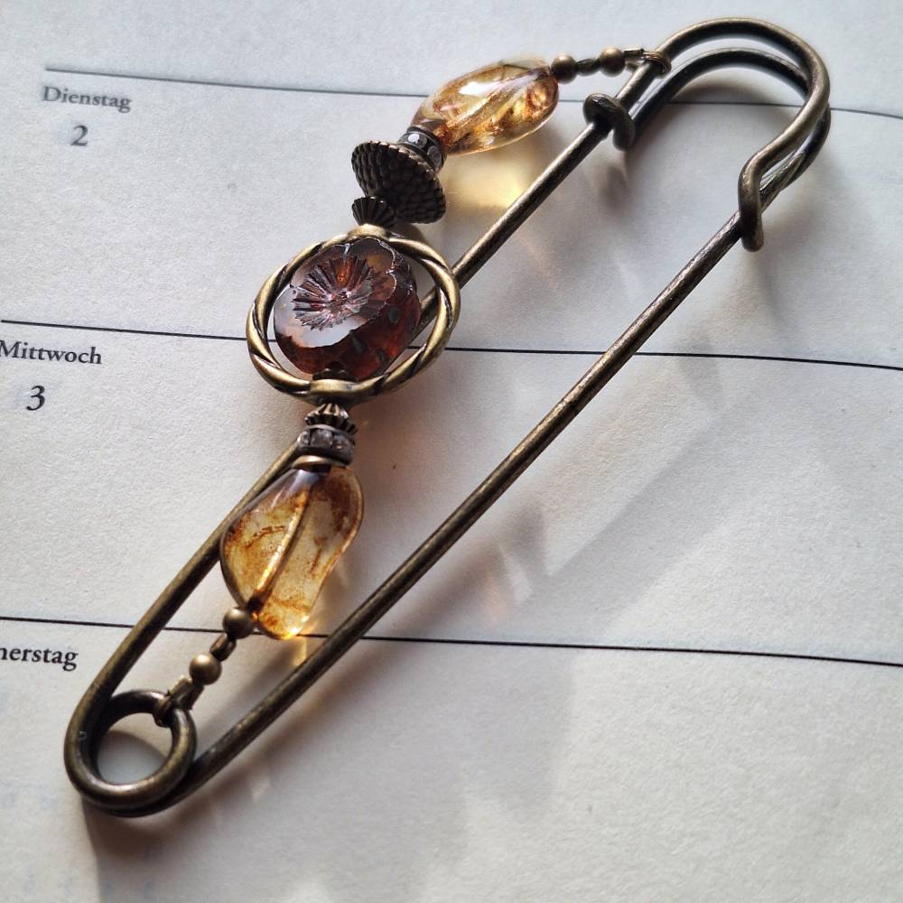 Tuchnadel Bernstein-Farben mit böhmischen Glasperlen, sehr große Bronze Schmucknadel Jugendstil N10-AB-5 Bild 9
