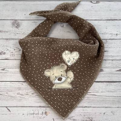 Kinder Musselin Halstuch mit Applikation, Spucktuch Kind Bär mit Herz, braunes Halstuch