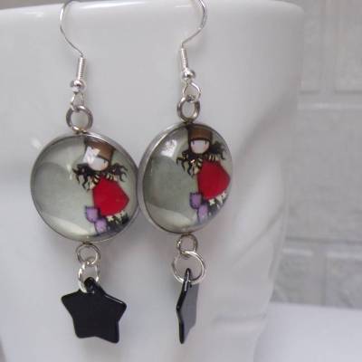 Mädchen Katze   Cabochon Ohrhänger   20 mm   Edelstahl 925 Stern 