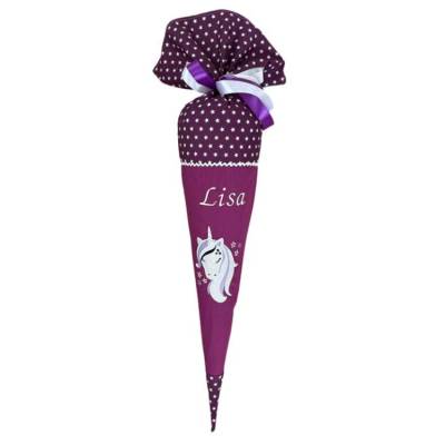 Schultüte "Einhorn" personalisierbar in lila, Mädchen Zuckertüte mit Namen bestickt, große Stoff-Schultüte für 70 cm