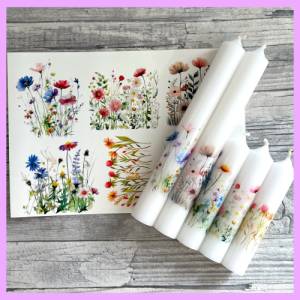 Kerzenfolie BLUMENWIESE, A5, Wasserschiebefolie, Kerzentattoo, Kerzensticker, Kerzen beschriften, Frühling, Blumen -weit