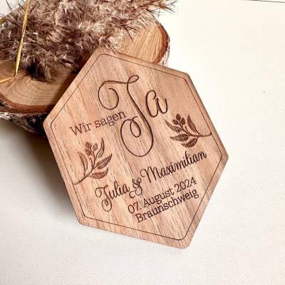 "Wir sagen Ja" Magnetkarte aus Holz, originelle Karte zur Hochzeitseinladung, personalisiert, Save the Date