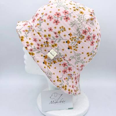 ​Sonnenhut Baby aus Musselin – KU 39–41 cm (3-6 Monate) – Sommermütze mit Nackenschutz – handgemacht