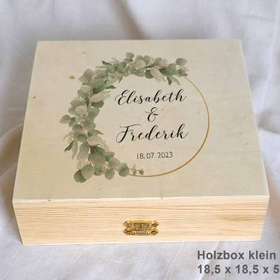 Erinnerungsbox aus Holz Hochzeit Design Eukalyptus links