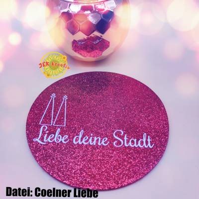Untersetzer, Liebe Deine Stadt auf rotem Glitzer Filz,  Glitzer Filz, Platzset