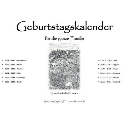 14-seitiger Geburtstagskalender s/w - mit Sternzeichen,  PDF – DIN A4 zum Ausdrucken