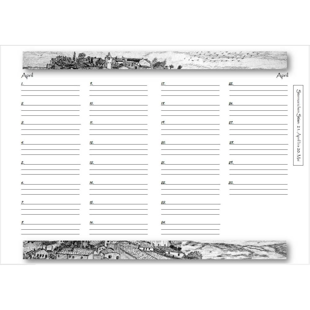 14-seitiger Geburtstagskalender s/w - mit Sternzeichen,  PDF – DIN A4 zum Ausdrucken Bild 3