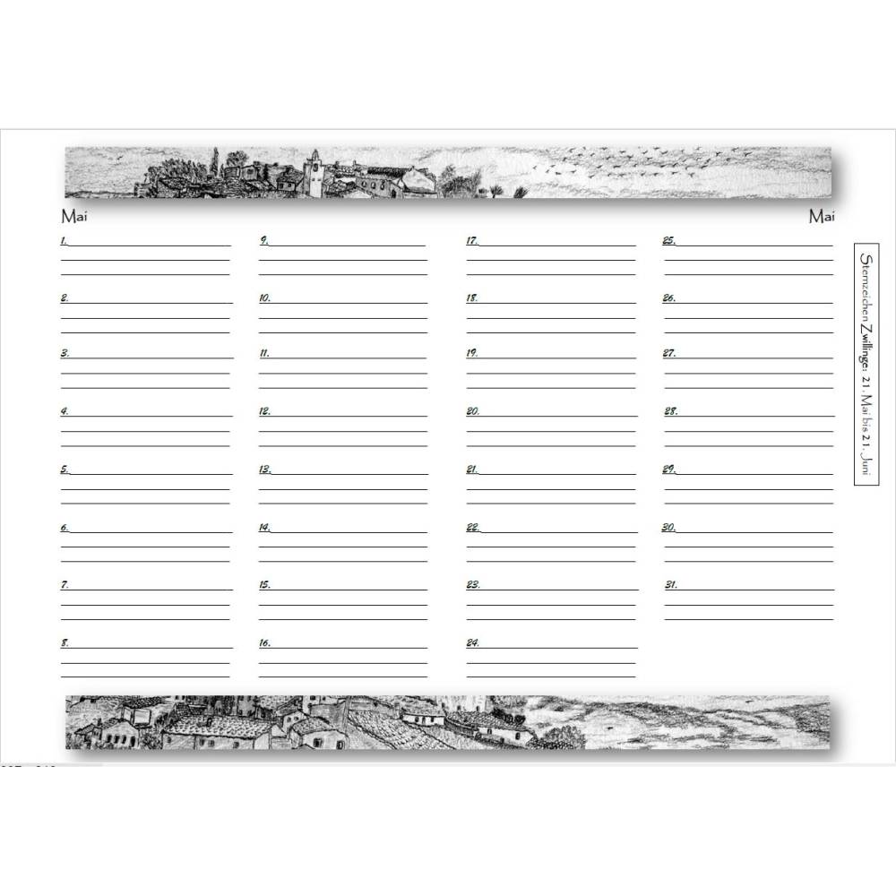 14-seitiger Geburtstagskalender s/w - mit Sternzeichen,  PDF – DIN A4 zum Ausdrucken Bild 4