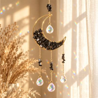 Obsidian Sonnenfänger Mond – schwarzer Kristall-Traumfänger, goldene Fensterdeko im Gothic Witchy Stil
