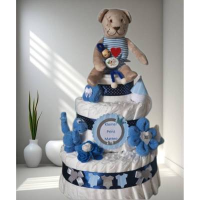 Windeltorte blau Junge Bärchen Schnullerpüppchen Auto personalisiert Namen Babyparty