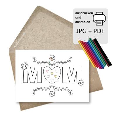 Karte für Mama zum ausmalen, Malvorlage für Wandbild zum Muttertag, DIY download PJG + PDF