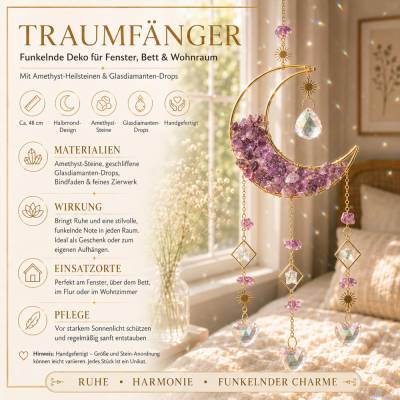 Beruhigender Traumfänger Mond mit Amethyst, lila Heilsteine, funkelt wunderschön, Deko, Geschenk Windspiel