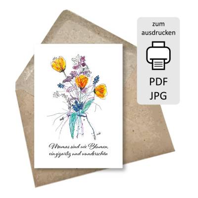 Karte für Mama, 4 Sprüche Geburtstag Muttertag, Postkarten/Klappkarten, DIY basteln ausdrucken