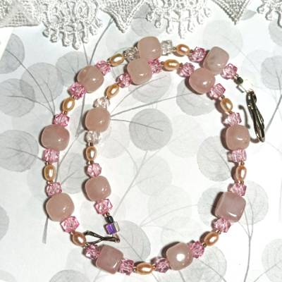 Kette Rosenquarz und Perlen rosa Muttertag Geschenk