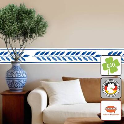 Vlies Bordüre: Griechische Muster -  Blätter Ornament blau - optional selbstklebend - 15 cm Höhe