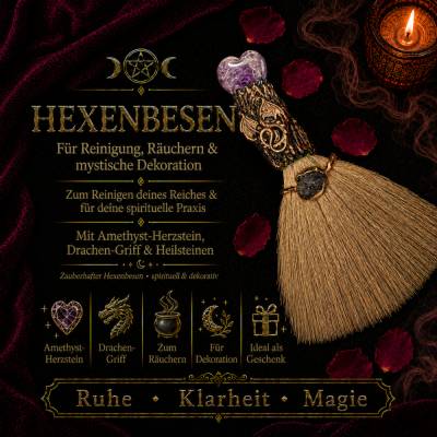 Hexenbesen zur Reinigung mit Amethyst, lila Heilsteine, Drachen Ornamenten wunderschön verziert, Deko, Geschenk