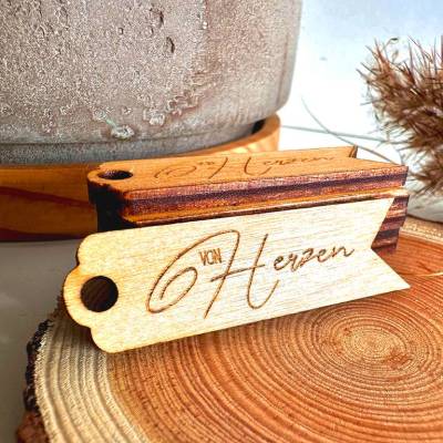 6er Set Holzanhänger Wimpel "von Herzen", Geschenkanhänger, Geschenkeverpackung, Mitbringsel