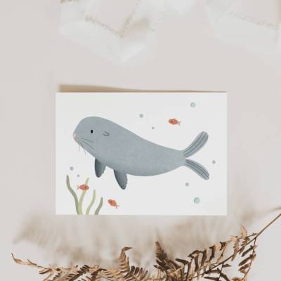 Postkarte Robbe A6 Seehund Postkarte Kinder - Kinderkarte Meer - Glückwünsche zum Geburtstag - Postkarte Geburtstagsgruß