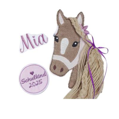 Applikation Aufnäher Schultüte Pferd mit Mähne Set 3 Teilig Pony Mädchen Schulkind