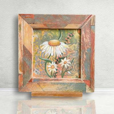 Handgemaltes Blumen-Bild im Mixed Media Stil handgemachter Rahmen Upcycling von Holz und Papier Wanddeko im Landhausstil