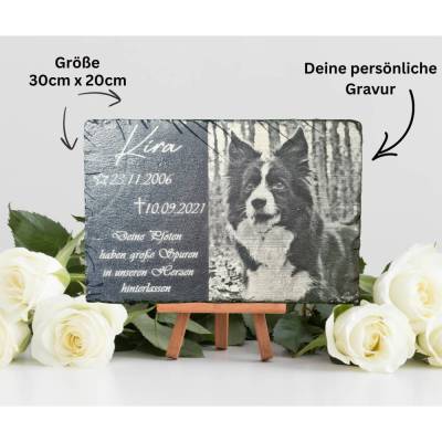 Tiergrabstein & Gedenktafel (30x20cm) aus Schiefer mit persönlicher Gravur & Fotogravur – Unvergänglicher Grabschmuck