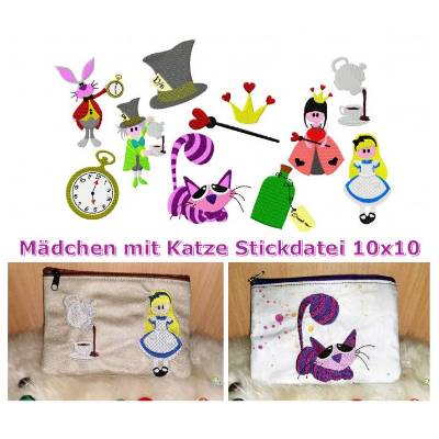 Stickdatei Mädchen aus dem Wunderland mit Katze 10x10