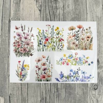 Rub-On I Modern, RANDLOS, BLUMENGARTEN, A5, bunt, Rubon, Rub Ons, z.B. f. Raysin / Keraflott, Blumenwiese, Blumen