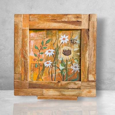 Handgemaltes Blumenbild im Mixed Media Stil handgemachter Rahmen Upcycling von Holz und Papier Wanddeko im Landhausstil