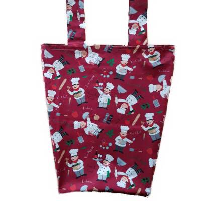 Handgemachte rote Stofftasche mit Küchenprints – Unikat Einkaufsbeutel aus Baumwolle