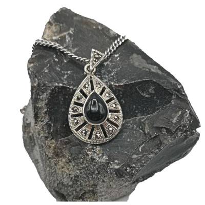 925 Silber Tropfen Anhänger mit Onyx und Markasiten mit Kette (k)