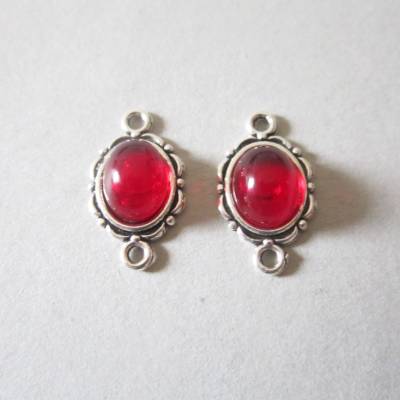 6 Verbinder mit rotem Glasurcabochon, oval, 20 mm x 12 mm