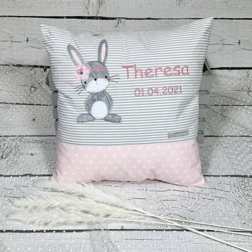 Namenskissen Mädchen Hase Marie rosa Kissenbezug Kinderkissen Kuschelkissen 40 x 40 cm personalisiert