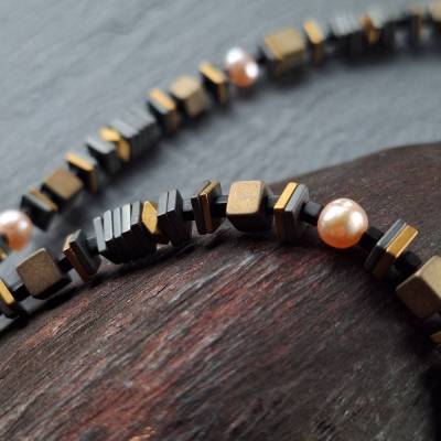 Unisex Kette mit Hämatit und echten Perlen WUNSCHLÄNGE